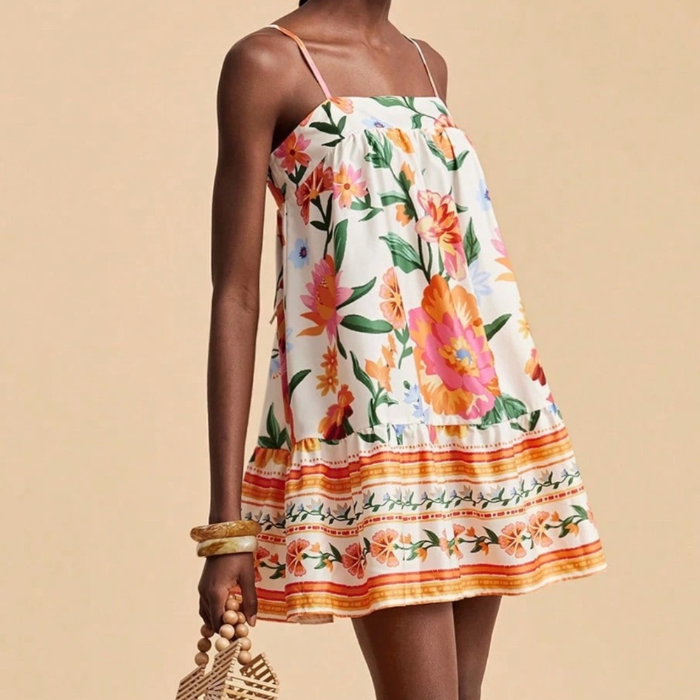 Boho Floral Print ruffle Hem Cami Mini Dress - Picture 2 of 5